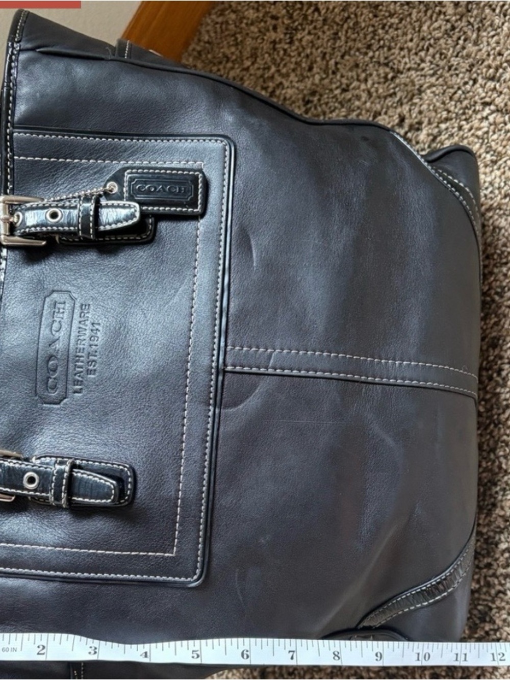 Coach Black Leather Tote with Contrast Stitching - Picture 10 of 11